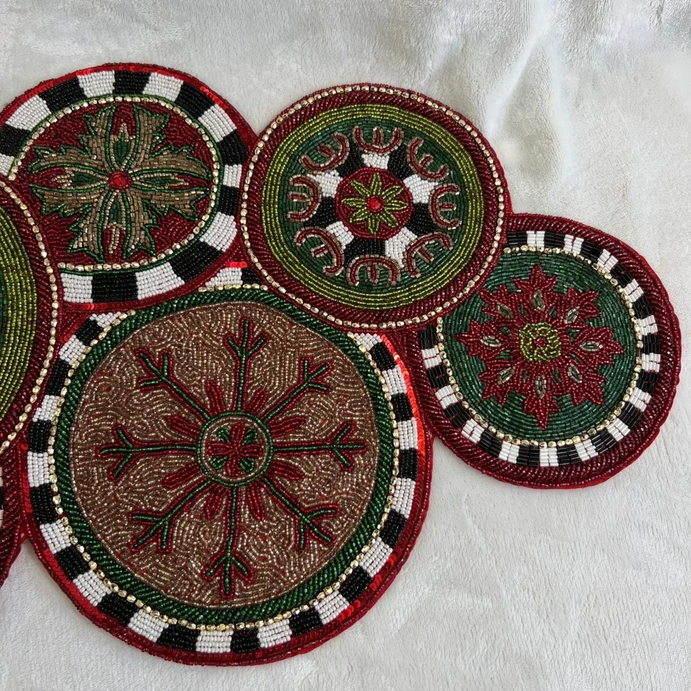 Mackenzie-Childs Beaded Medallion Table Runner Red Green Holiday Christmas Decor